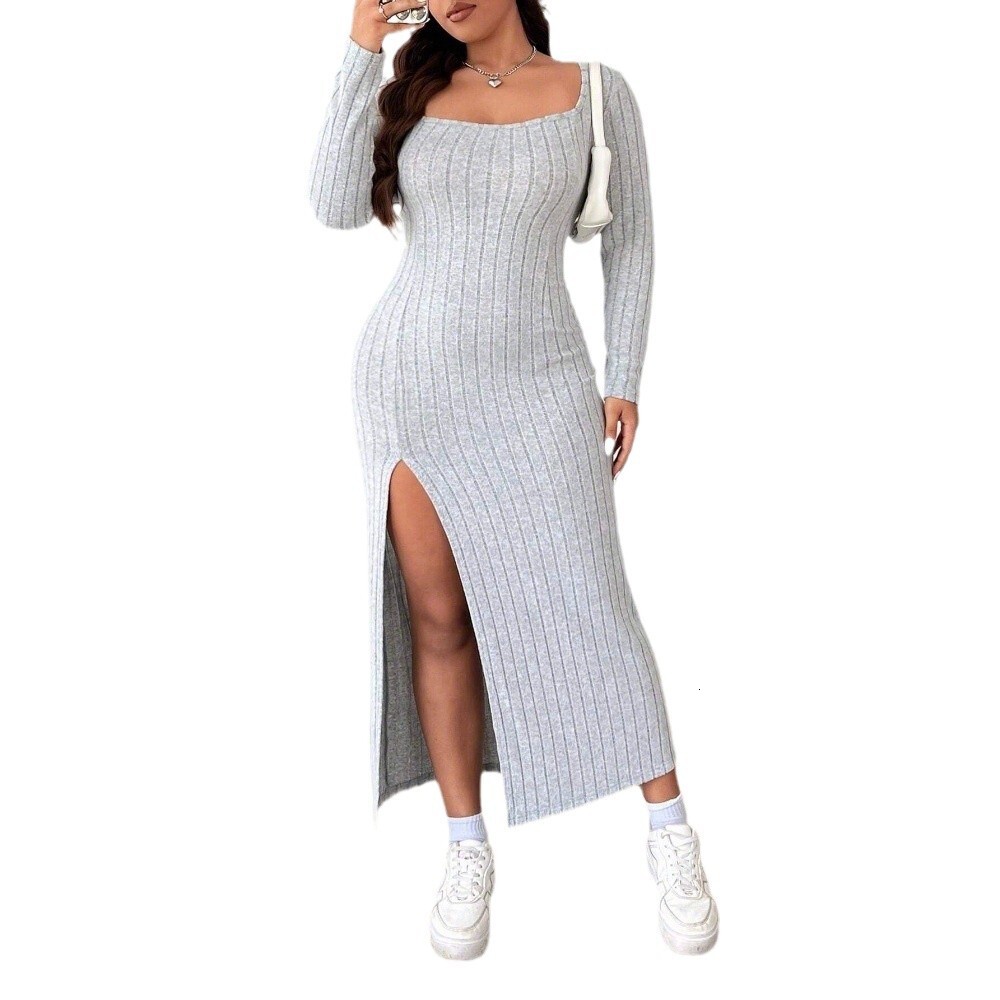 Autumn and Winter New Plus Size Womens Simple Casual Dress Slim Fit Slit Mid Length Skirt