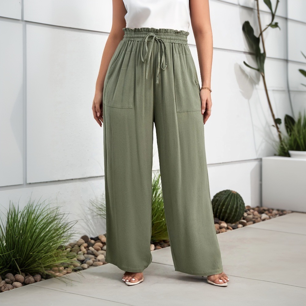 2025 Spring/summer New Large Womens Elegant Style Loose Casual Pants with Strap Elastic Waist Straight Leg Pants