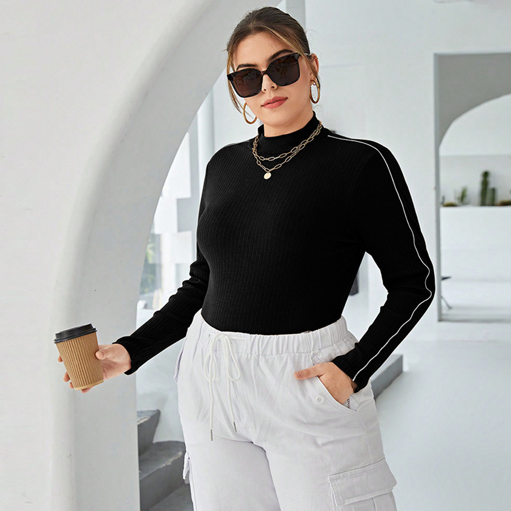 Large Size Womens Contrasting Knitted Sweater for Autumn and Winter with a Solid Color and High Neck and a Pit Stripe Top As the Base