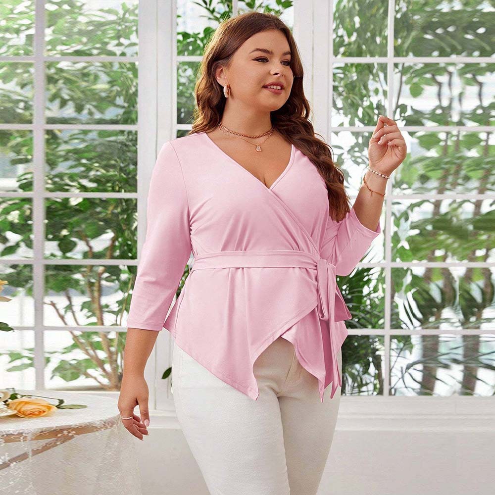 Plus Size Womens Sweet and Intellectual Style T-shirt for Autumn and Winter New Strap Design Slim Fit and Slimming Top
