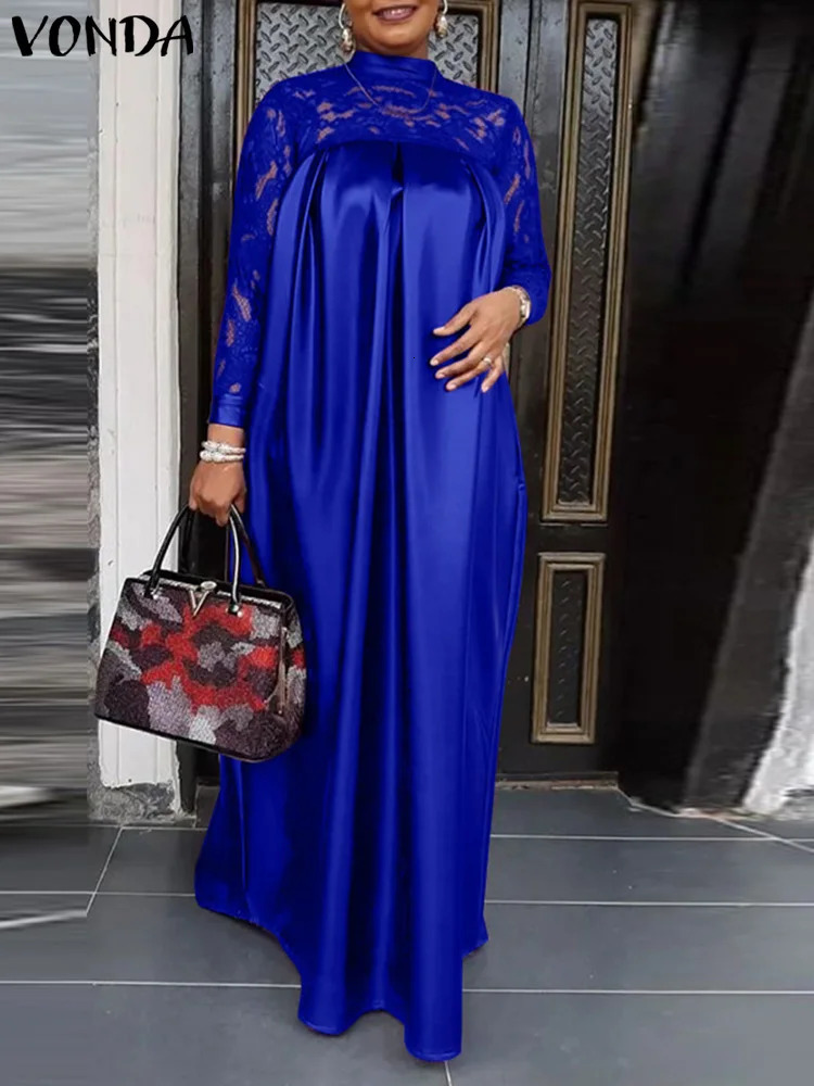 Plus Size 5XL VONDA Elegant Women Lace Patchwork Satin Maxi Dress 2025 Autumn Long Sleeve Stand Collar Long Dresses Casual Robe 250515