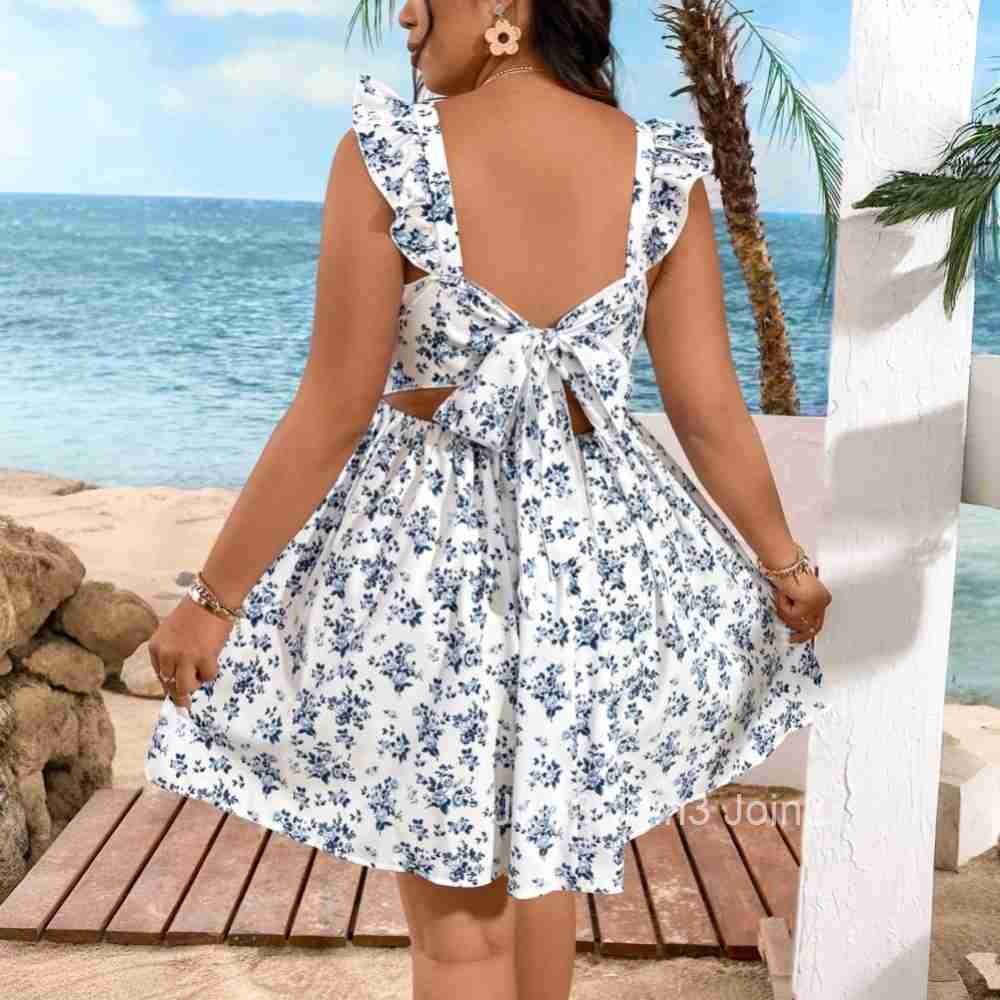 Plus Size Womens Gentle Vacation Style Dress for Spring and Summer New Square Neck Floral Mid Length Skirt