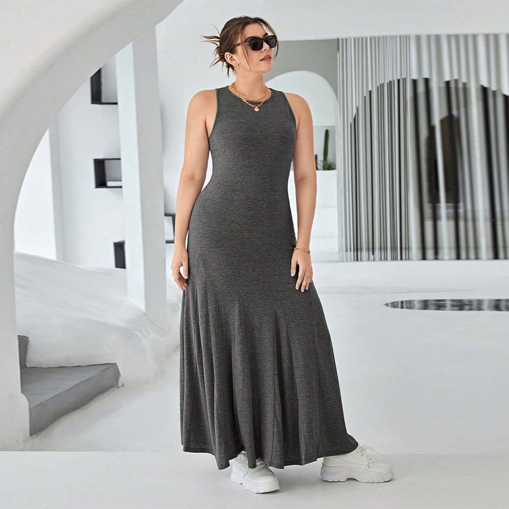 Plus Size Womens Casual Round Neck Sleeveless Dress Summer New High Waisted Slim Fit Long Dress