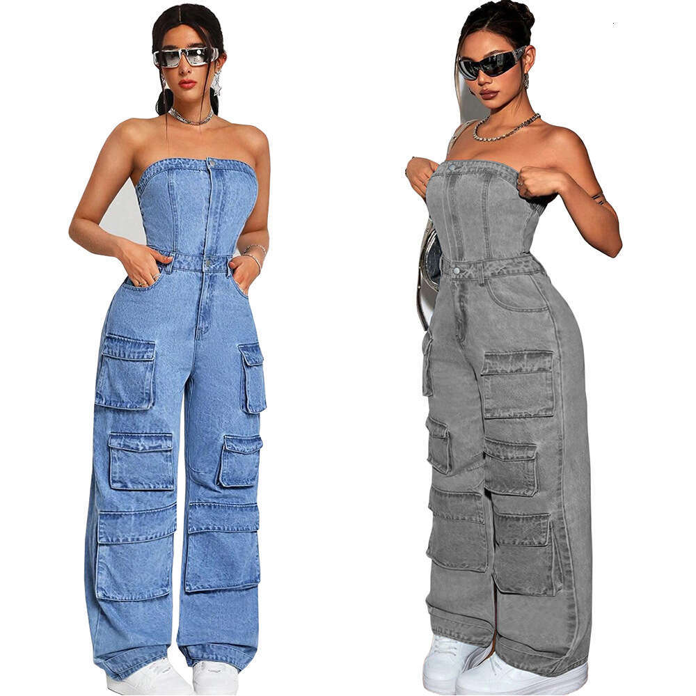 Wide Leg Jumpsuit Women S Denim Jumpsuit Women S Fashion Spicy Girl Strapless Multi Pocket Work Pants