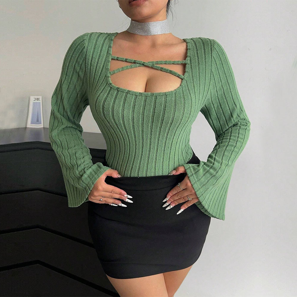 Large Size Womens Square Neck Imperial Style T-shirt Autumn and Winter New Item Flared Sleeve Elegant Top