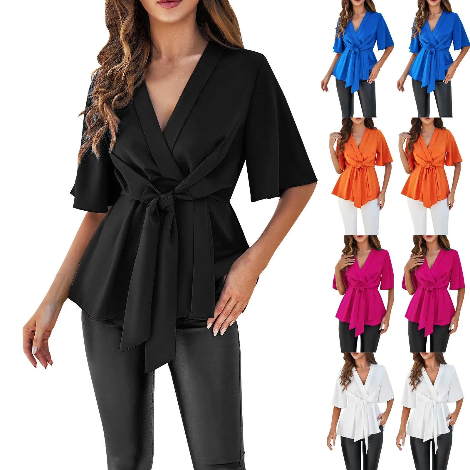 Summer Solid Color Elegant Short Sleeve Tie Corset Top Plus Size Women Clothing Clothes For 4xl 5xl 6xl 7xl 250514