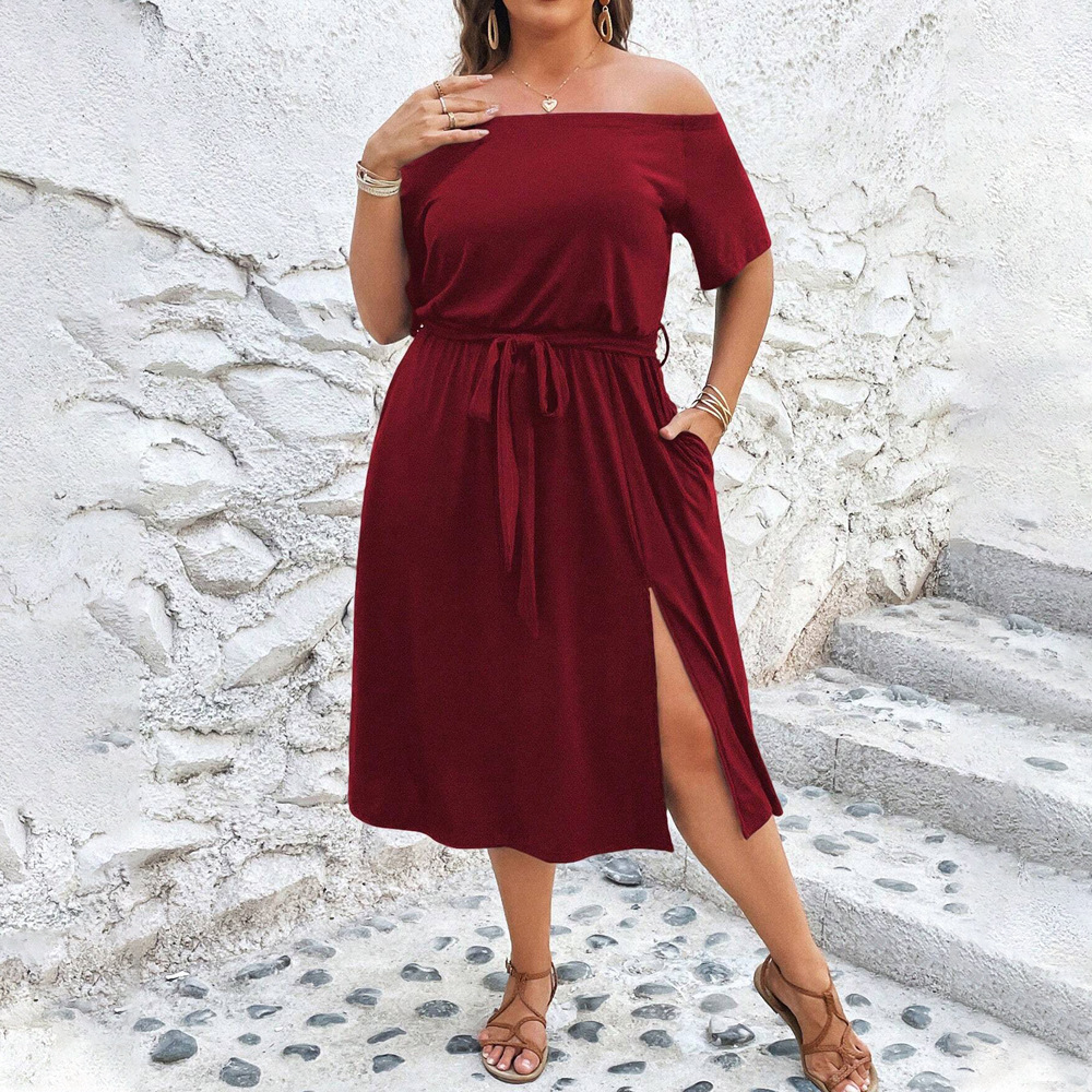 Plus Size Womens Vacation Style Red Dress Summer One Neck Beach Midi Skirt
