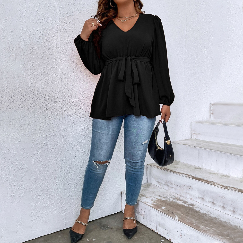 Plus Size Womens V-neck Lantern Sleeve T-shirt with Autumn and Winter Temperament Elegant Slim Fit Top