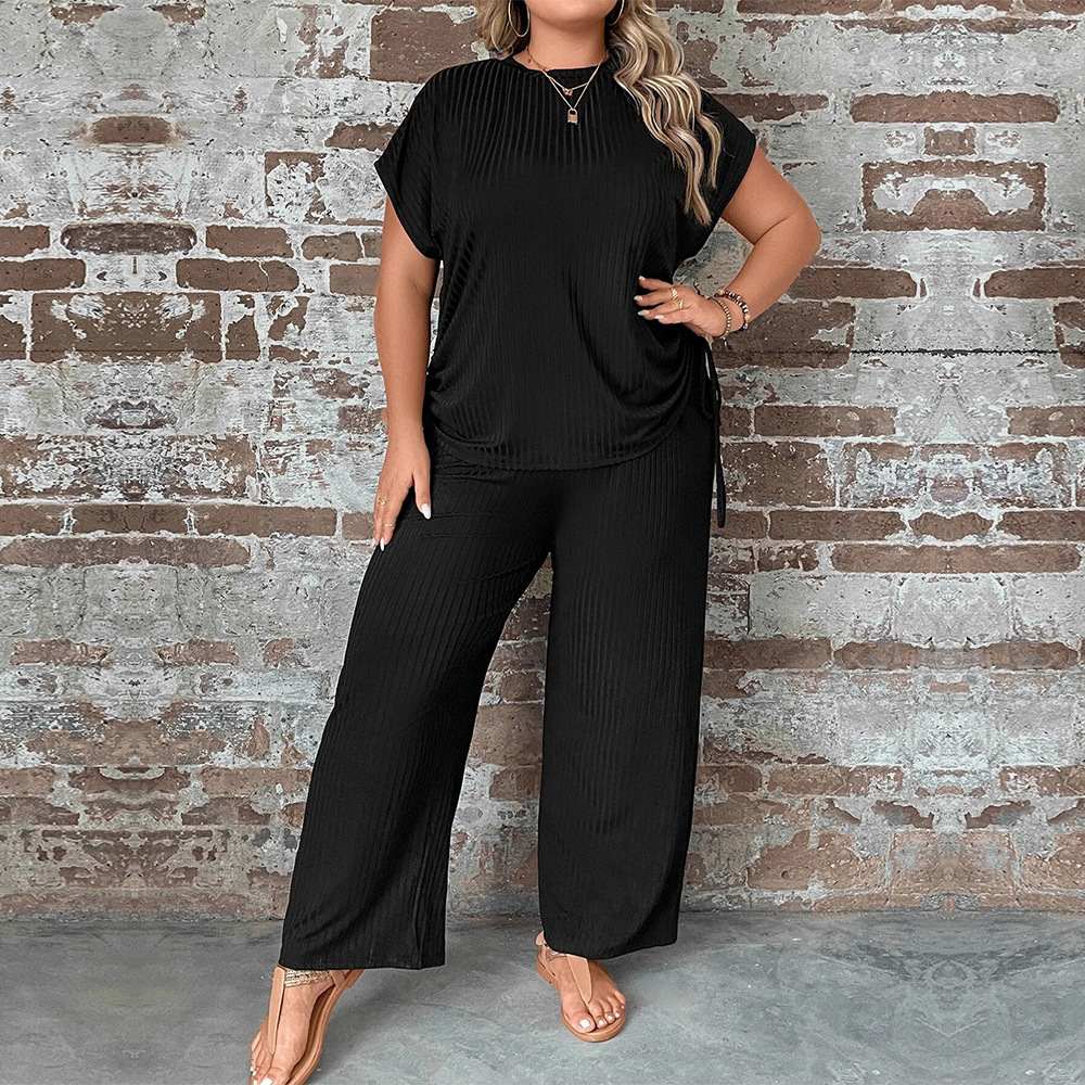 New Plus Size Womens Round Neck Loose Casual Short Sleeved T-shirt Elastic Wide Leg Pants Two-piece Set