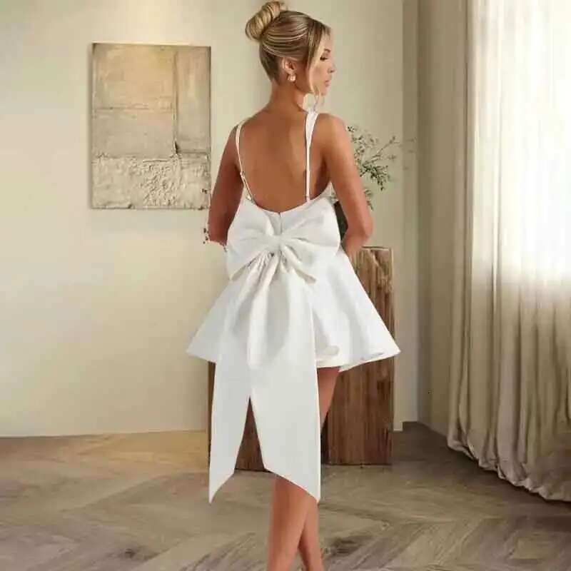 NIDANSSI 2025 White Backless Bow Pleated Evening Party Women Robes Elegant Sexy Bodycon Mini Summer Dress Vestidos