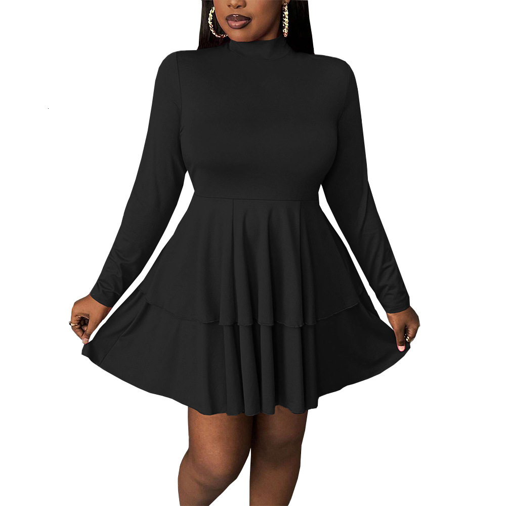 Plus Size Womens Simple Semi High Neck Dress Autumn and Winter Fashion Slim Fit Short Skirt