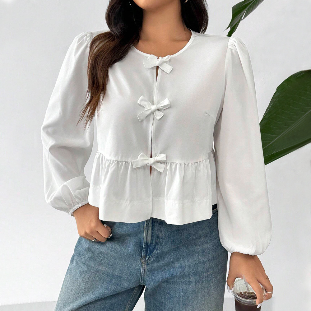 Plus Size Womens Gentle Solid Color T-shirt Autumn and Winter Bubble Sleeve Bow Cardigan Top