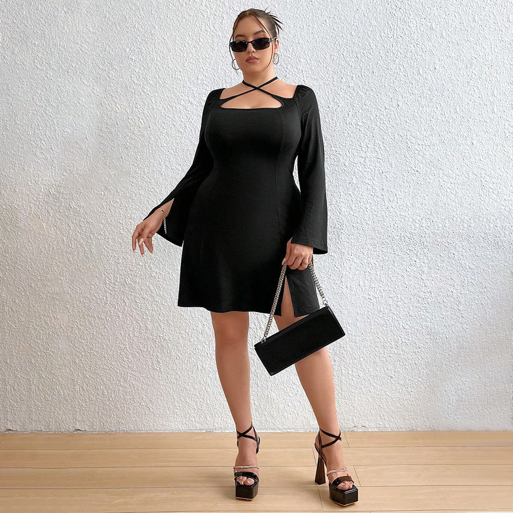 Large Size Womens Autumn and Winter New Slim Fit Bag Hip Slit Long Sleeved Sexy Mini Dress