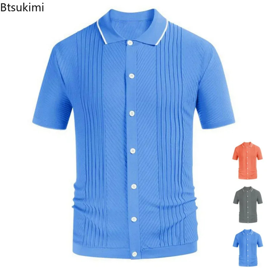 2025 Mens Summer Short Sleeve Polo Shirts Knitted Lapel Cardigan Top Stripe Stitching Men Polo Tee Shirt Fashion Camisa Hombre 250515