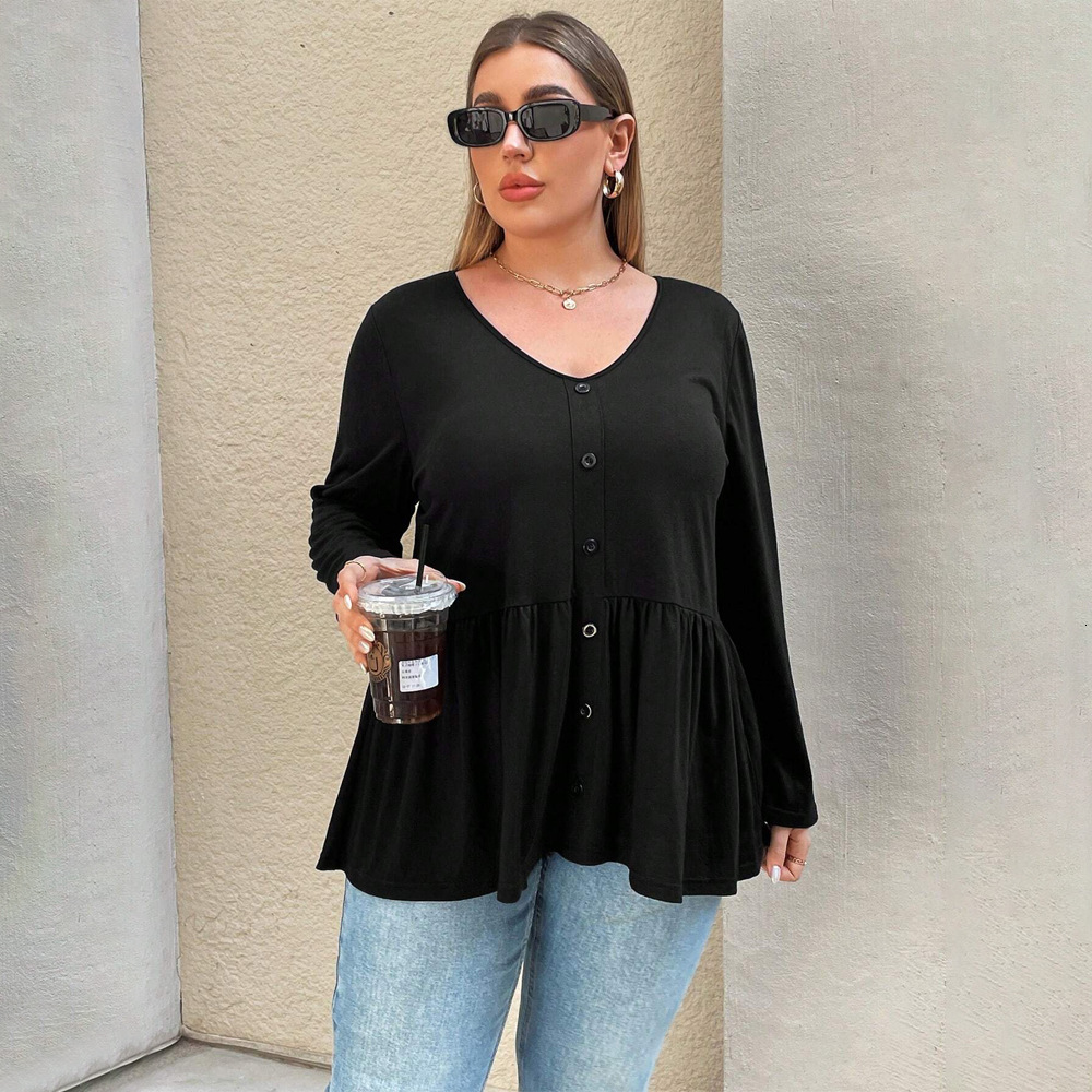 Plus Size Womens Simple Casual Style T-shirt Autumn and Winter V-neck Slim Fit Solid Color Long Sleeved Base Top for Women