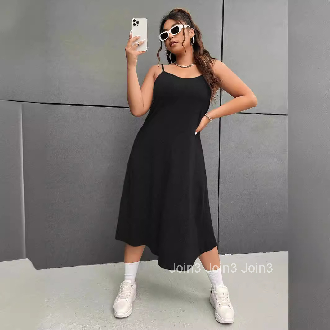 New Plus Size Womens Casual Style U-neck Sleeveless Dress with High Waist and A-line Suspender Skirt