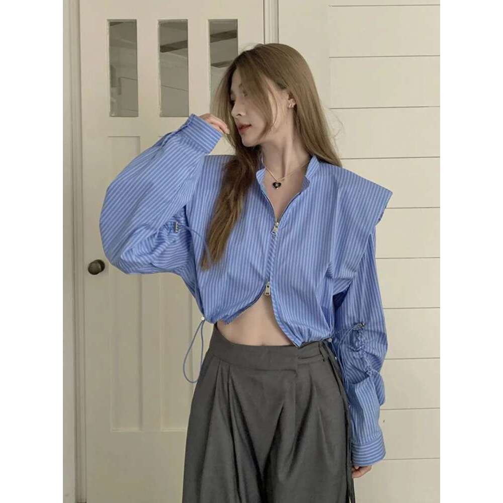 Zoki Sexy Cropped Striped Shirt Women Streetwear Long Sleeve Retro Blouse Korean Double Zipper Patchwork Design Female Short Top