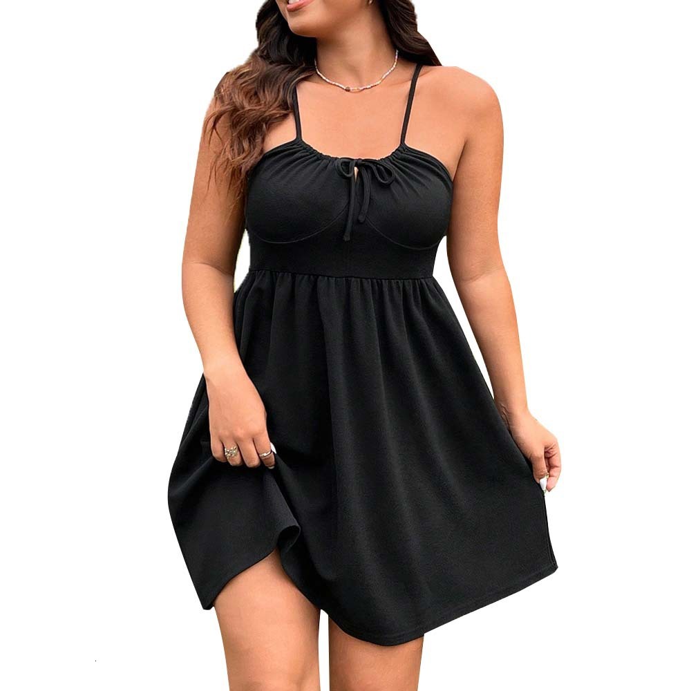 Large Size Womens Sexy Style Camisole Dress Summer New Style Pleated Lace Up A-line Skirt