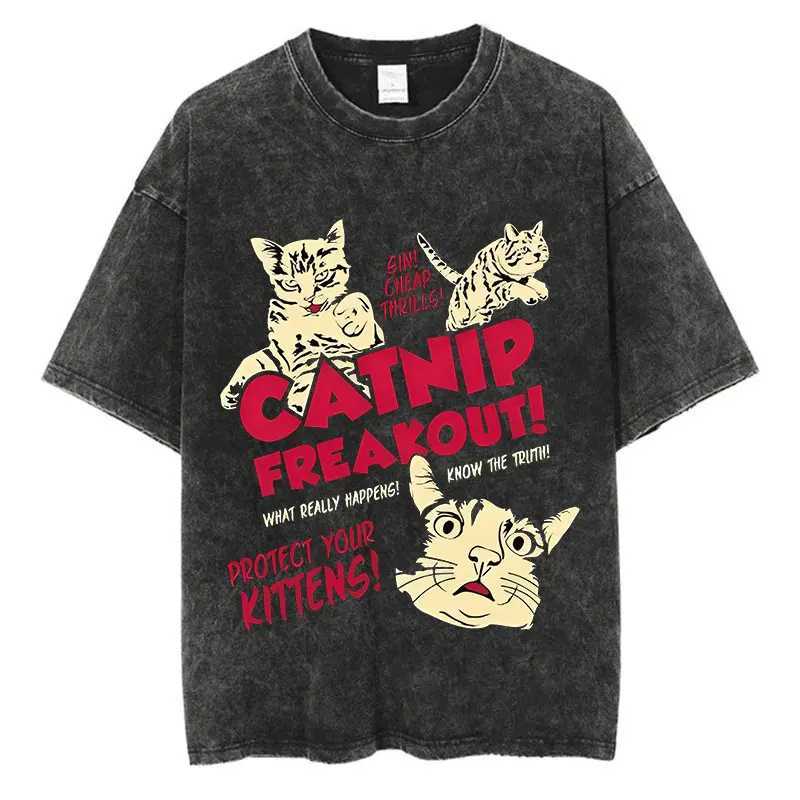 Animal Cat Print Vintage Washed Tshirt Harajuku Streetwear Graphic Y2K T-Shirt Summer Short Sleeve 100% Cotton Hip Hop Tshirt X250516