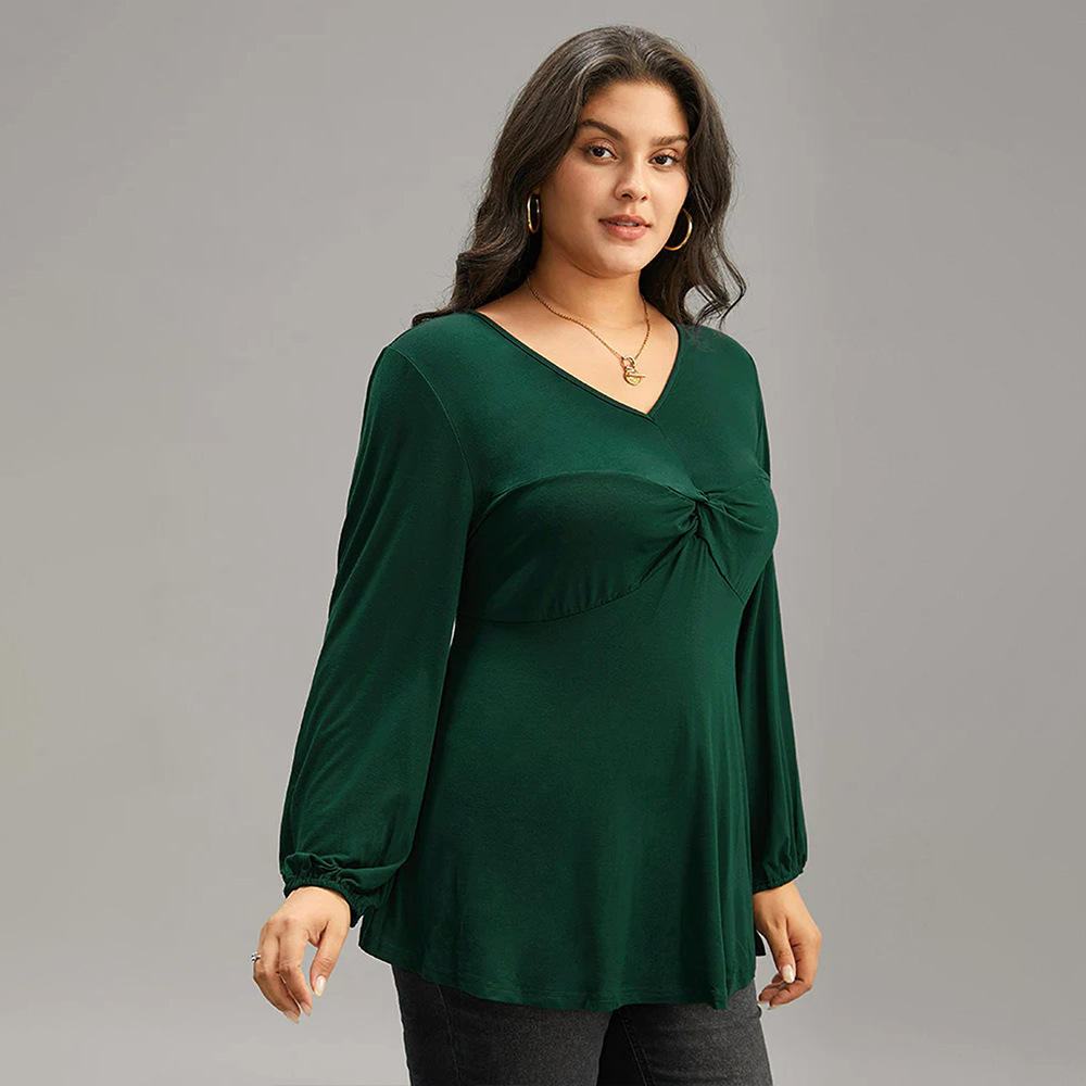 Plus Size Womens Elegant and Intellectual T-shirt Autumn and Winter V-neck Fashionable Versatile Slimming Long Sleeved Top
