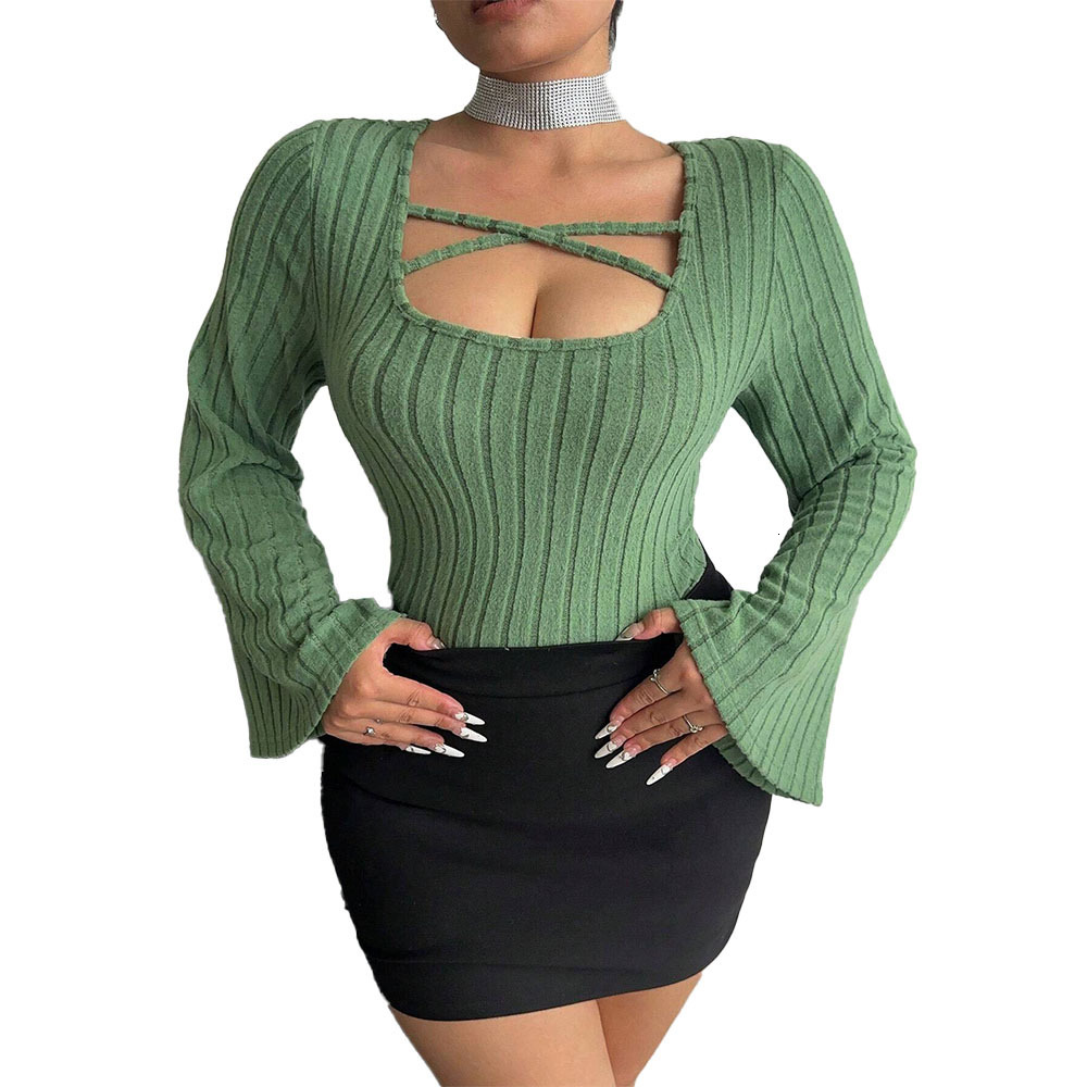 Large Size Womens Square Neck Imperial Style T-shirt Autumn and Winter New Item Flared Sleeve Elegant Top