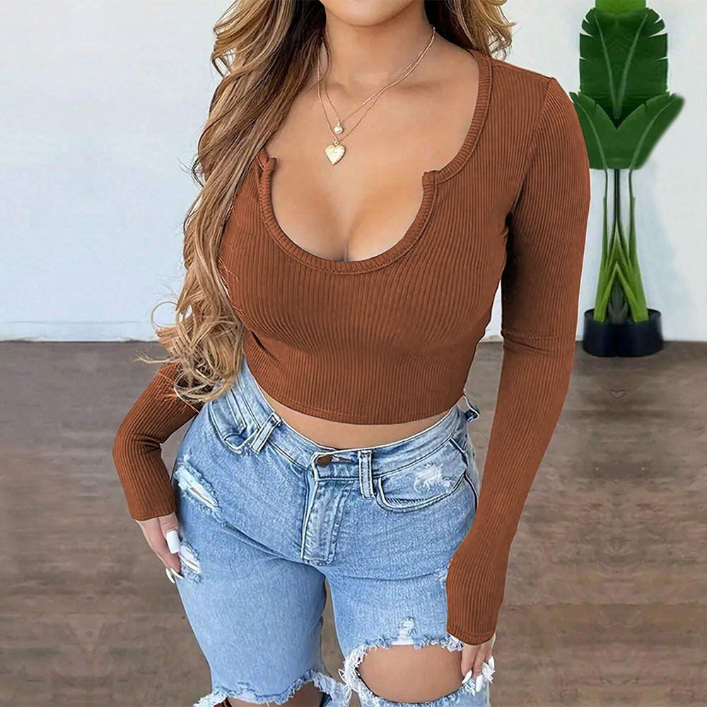 Womens Sweet and Spicy U-neck T-shirt Autumn/winter Short Exposed Umbilical Sexy Hot Girl Long Sleeve Top