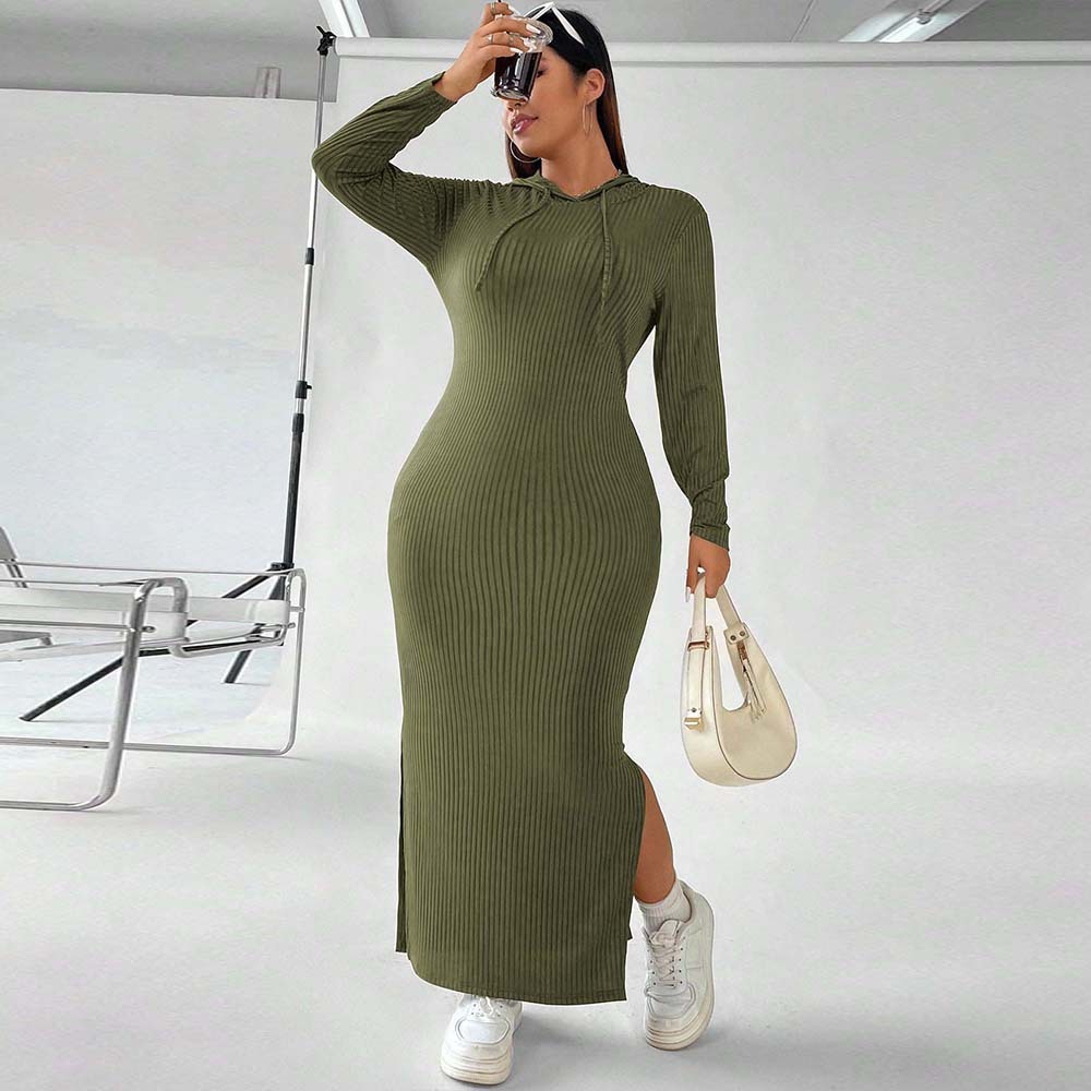 New Plus Size Womens Instagram Hooded Dress for Autumn and Winter Simple and Tight Fitting Hip Hugging Long Skirt
