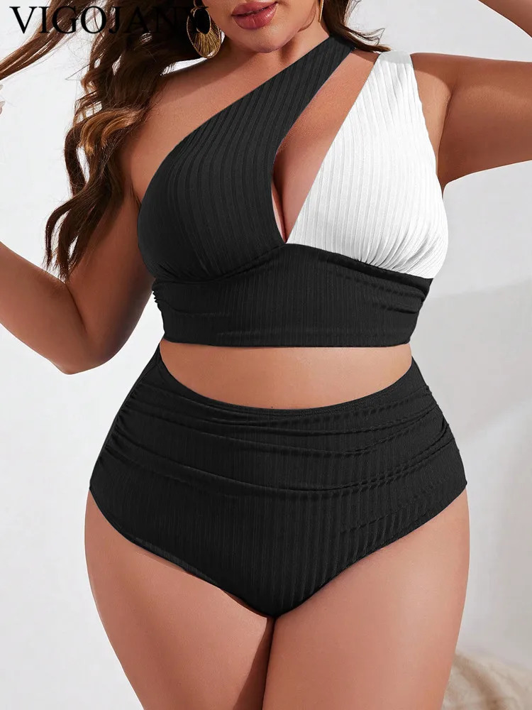 VigoJany 2025 Solid Patchwork 2 Piece Plus Size Bikini Women One Shoulder Push UP Large Swimsuit Backless Chubby Bathing Suit 250515