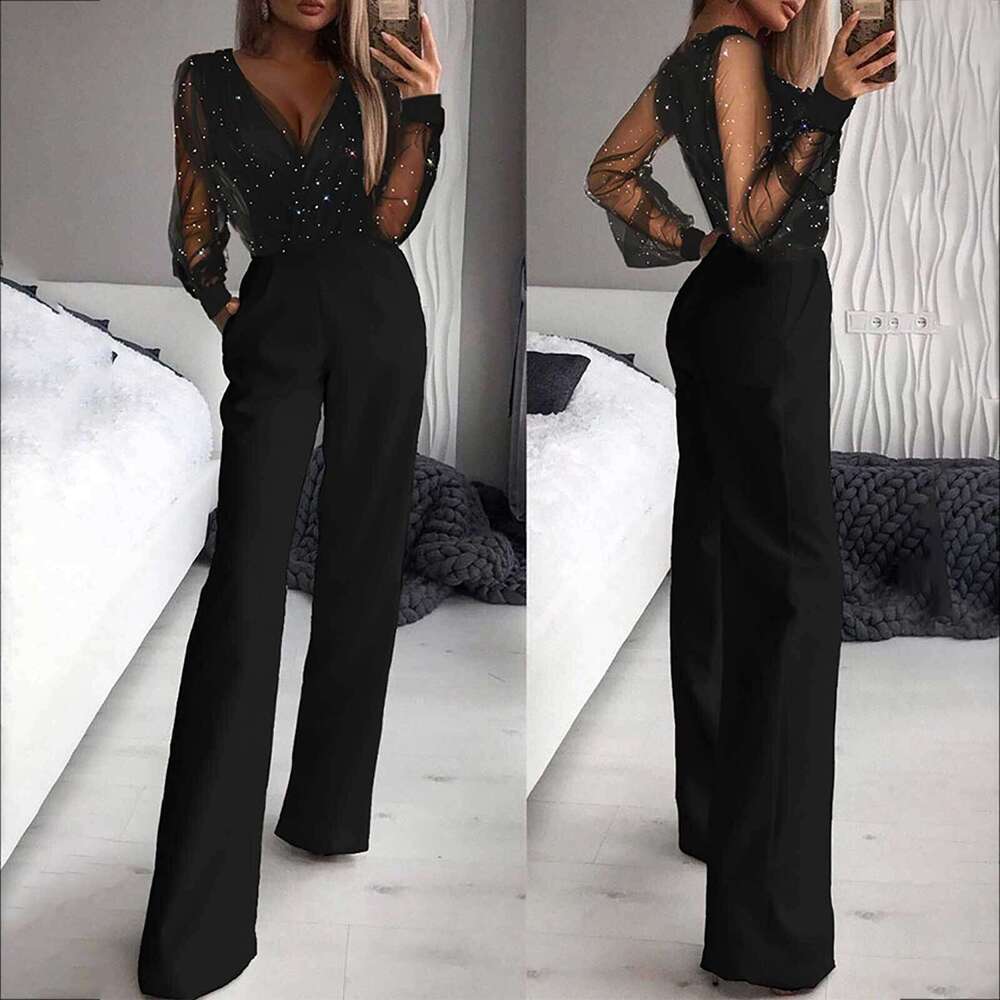 Wide Leg Jumpsuit Women S Mesh Powder Patchwork Jumpsuit