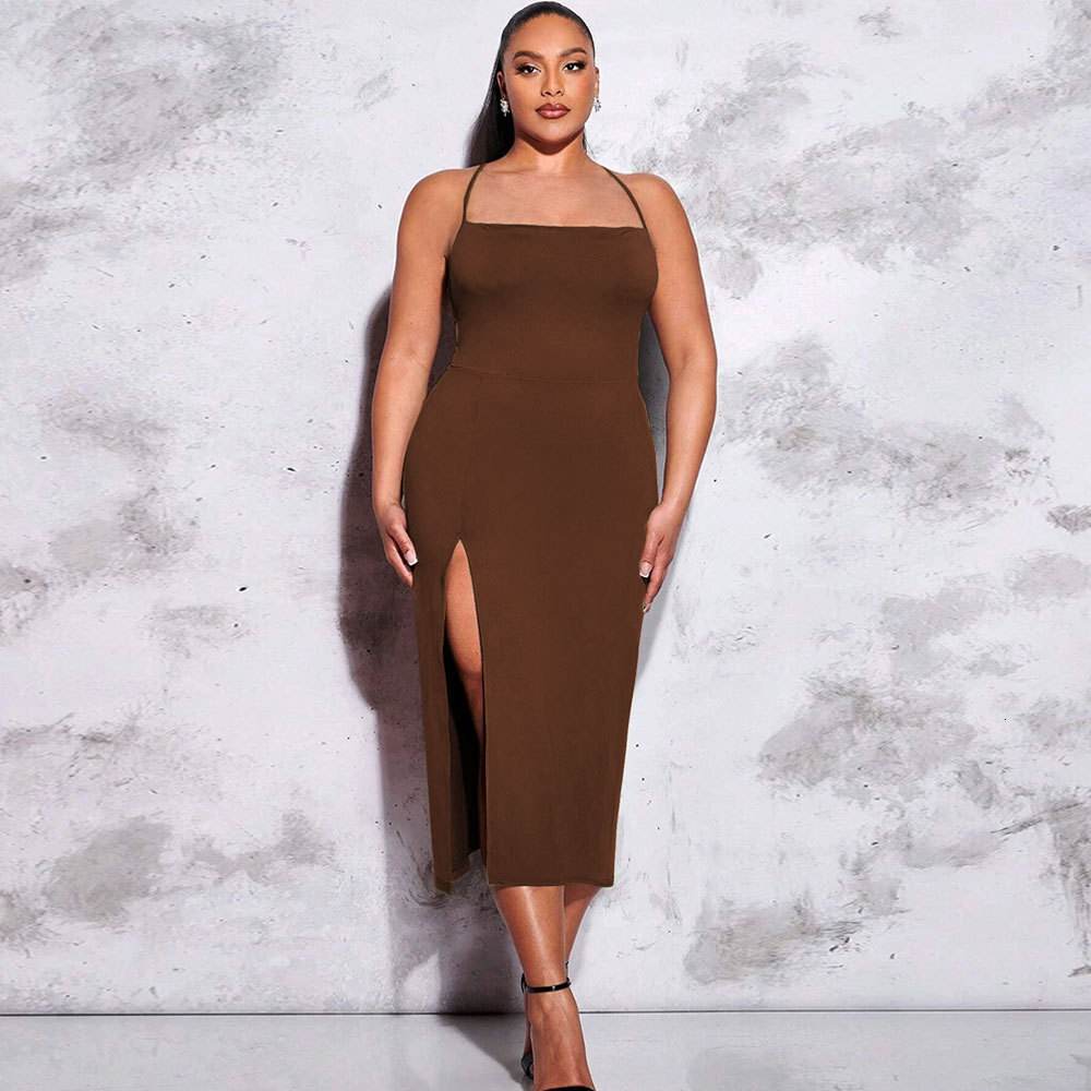 Large Size Womens New Sexy Backless Slit Waist Bag Hip Solid Color Suspender Dress