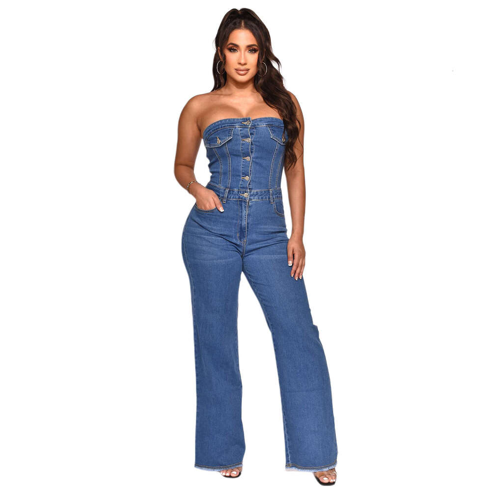 Wide Leg Jumpsuit Women S New Strapless One Shoulder Slim Fit Micro Flared Jumpsuit Jeans