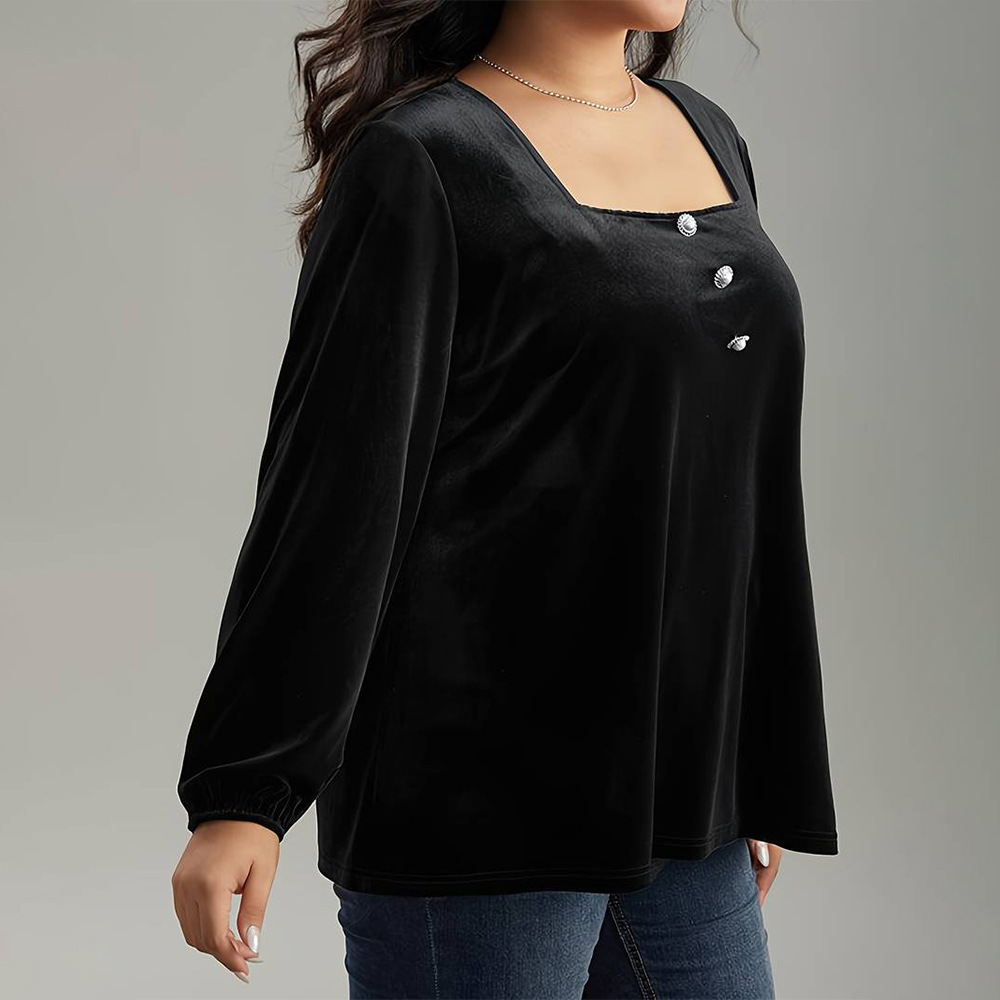Large Size Womens Elegant Velvet T-shirt Autumn and Winter Square Neck Long Sleeved Fashionable Loose Solid Color Top