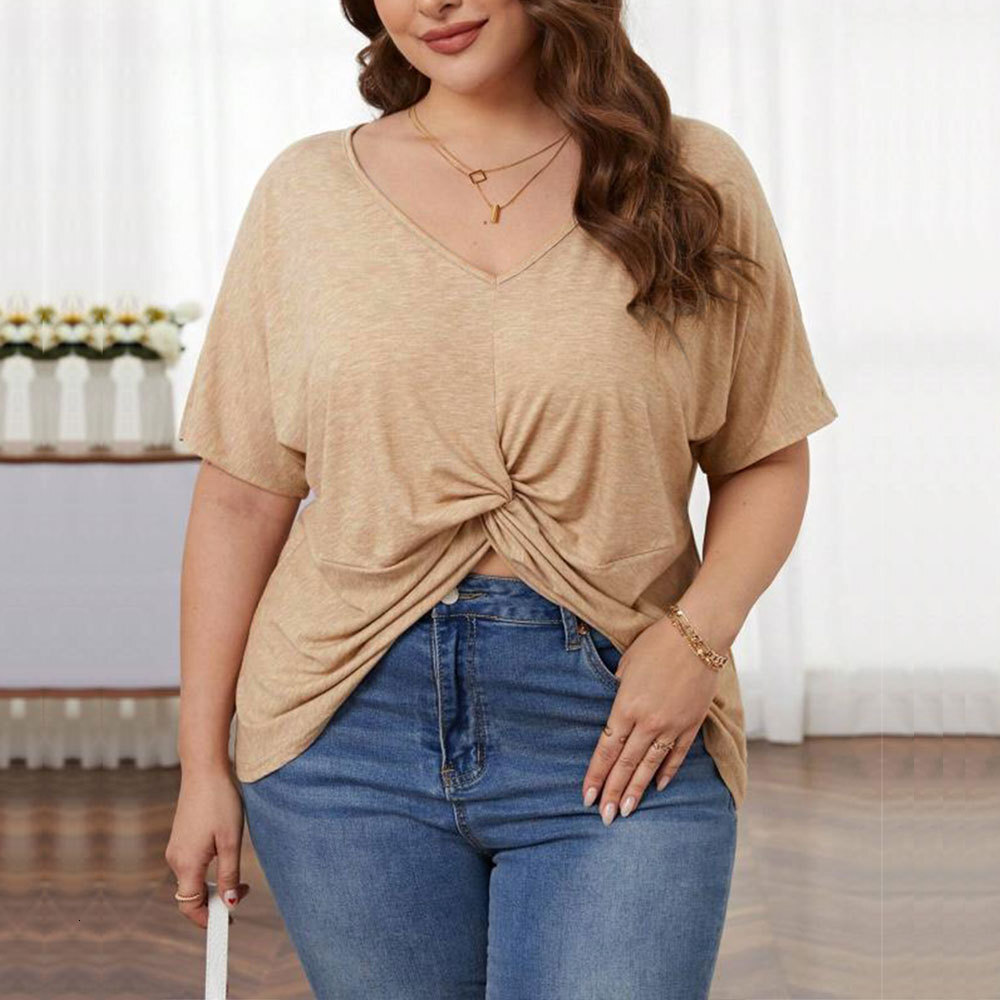 Large Size Womens New Loose Casual V-neck Short Sleeved Knitted T-shirt Irregular Hem Top