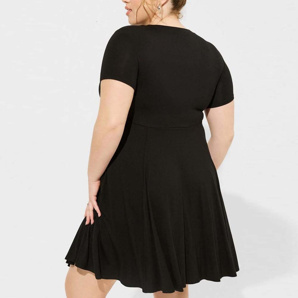 Plus Size Womens Elegant Round Neck Short Sleeved Dress Summer New Collection Waist Cinching Pleated Short Skirt