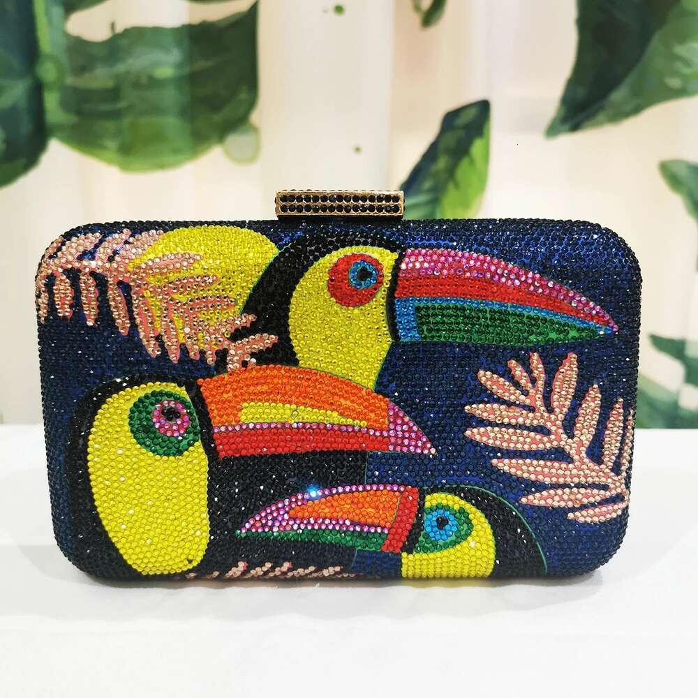 Novelty Toucan Bird Women Crystal Evening Bags Rhinestones Box Minaudiere Clutch Party Tail Handbag Dia Chain Purse