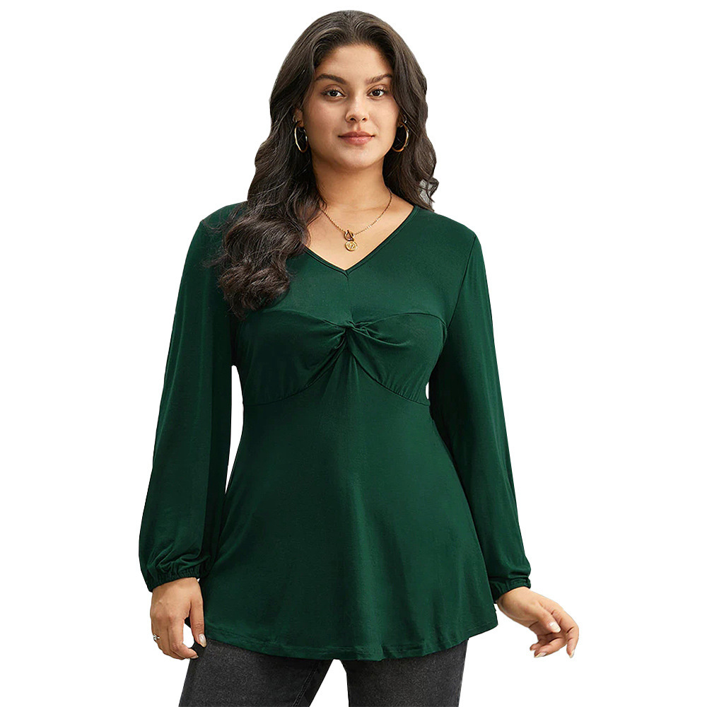 Plus Size Womens Elegant and Intellectual T-shirt Autumn and Winter V-neck Fashionable Versatile Slimming Long Sleeved Top