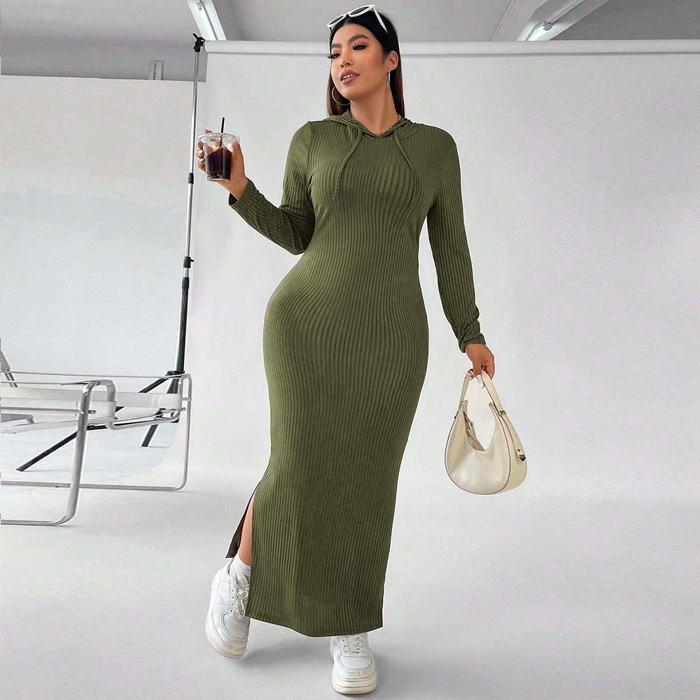 New Plus Size Womens Instagram Hooded Dress for Autumn and Winter Simple and Tight Fitting Hip Hugging Long Skirt