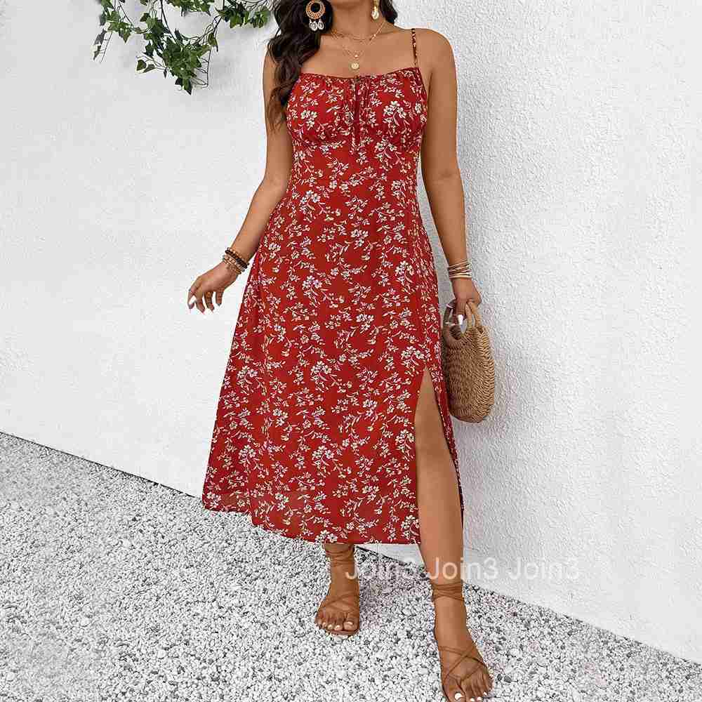 Large Size Womens French Vacation Style Floral Dress Summer Waist Cinching Slimming Camisole Long Dress