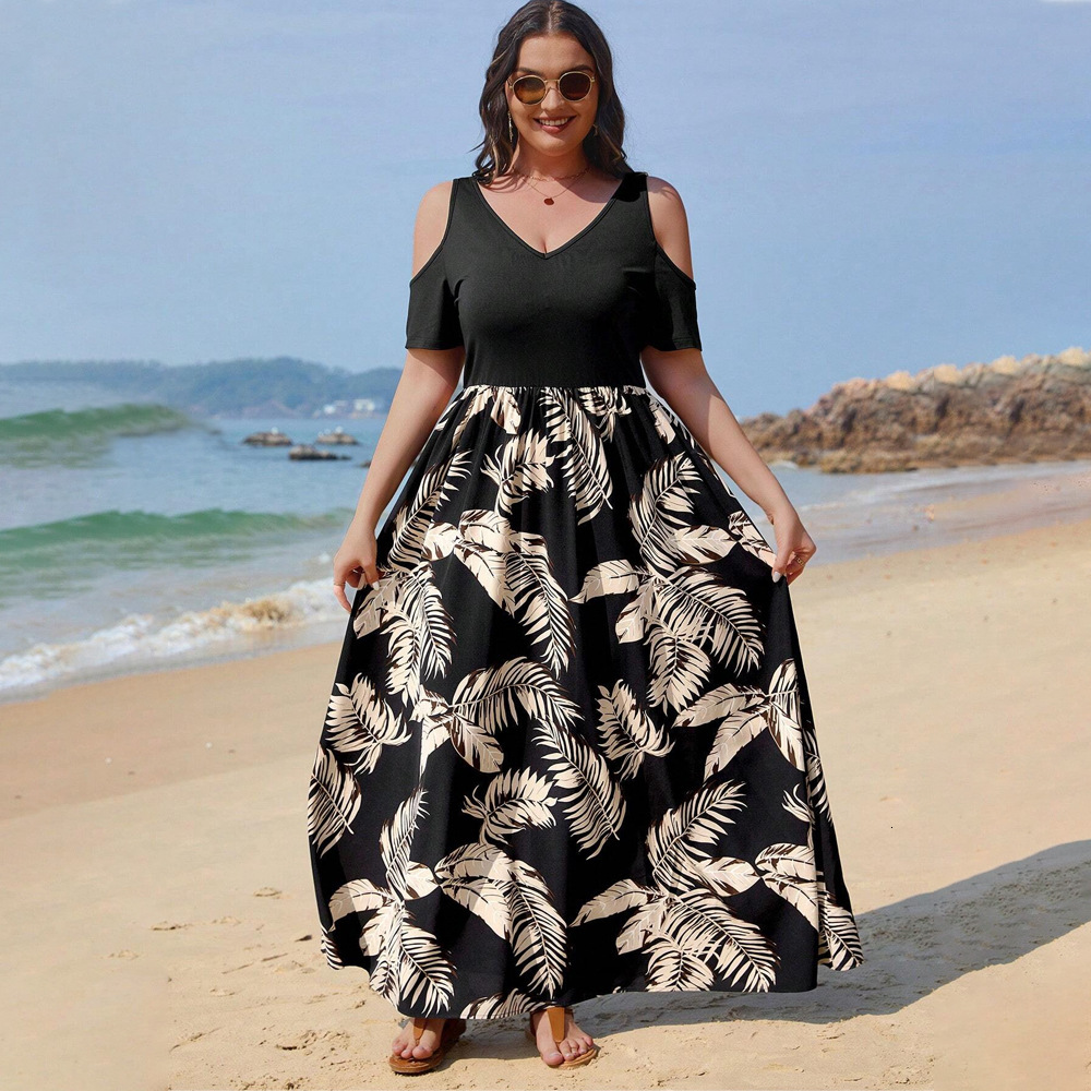 Large Womens French Design Feeling Off the Shoulder Beach Vacation Style Fragmented Flower V-neck Dress for Women