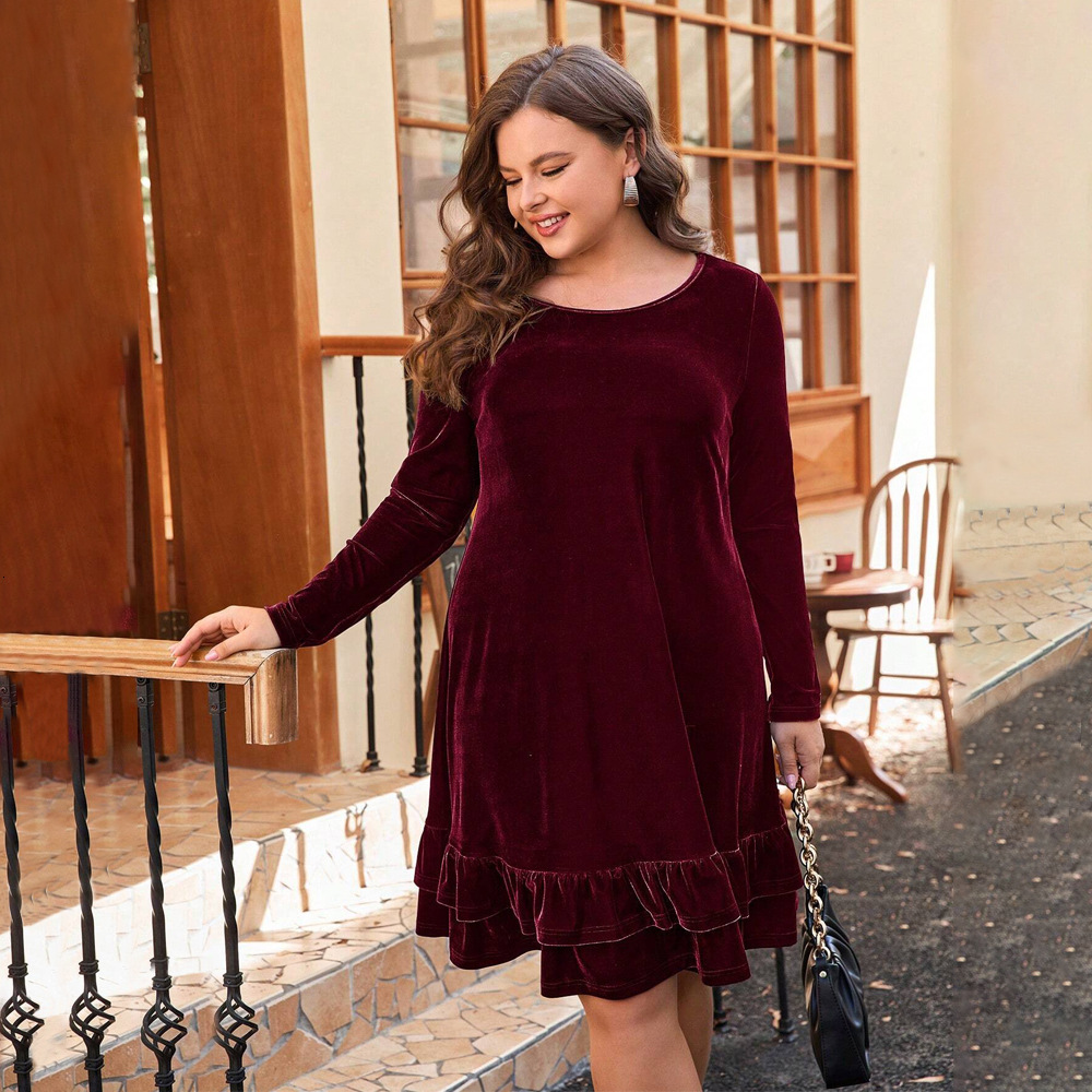 Autumn/winter New Large Womens Elegant Velvet Dress Round Neck Loose Waist Short Skirt