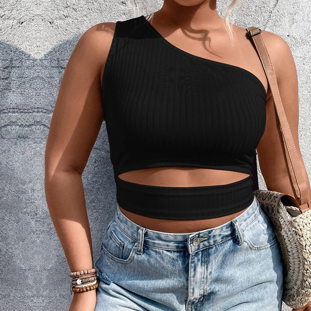 Large Size Womens New Instagram Fashion Versatile Sloping Shoulder Short Knitted Vest with Exposed Navel Top