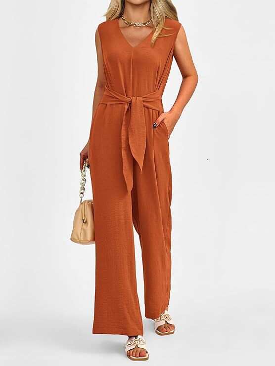 Wide Leg Jumpsuit Spring Summer Women S New V Neck Wide Leg Sleeveless Belt Jumpsuit For Women