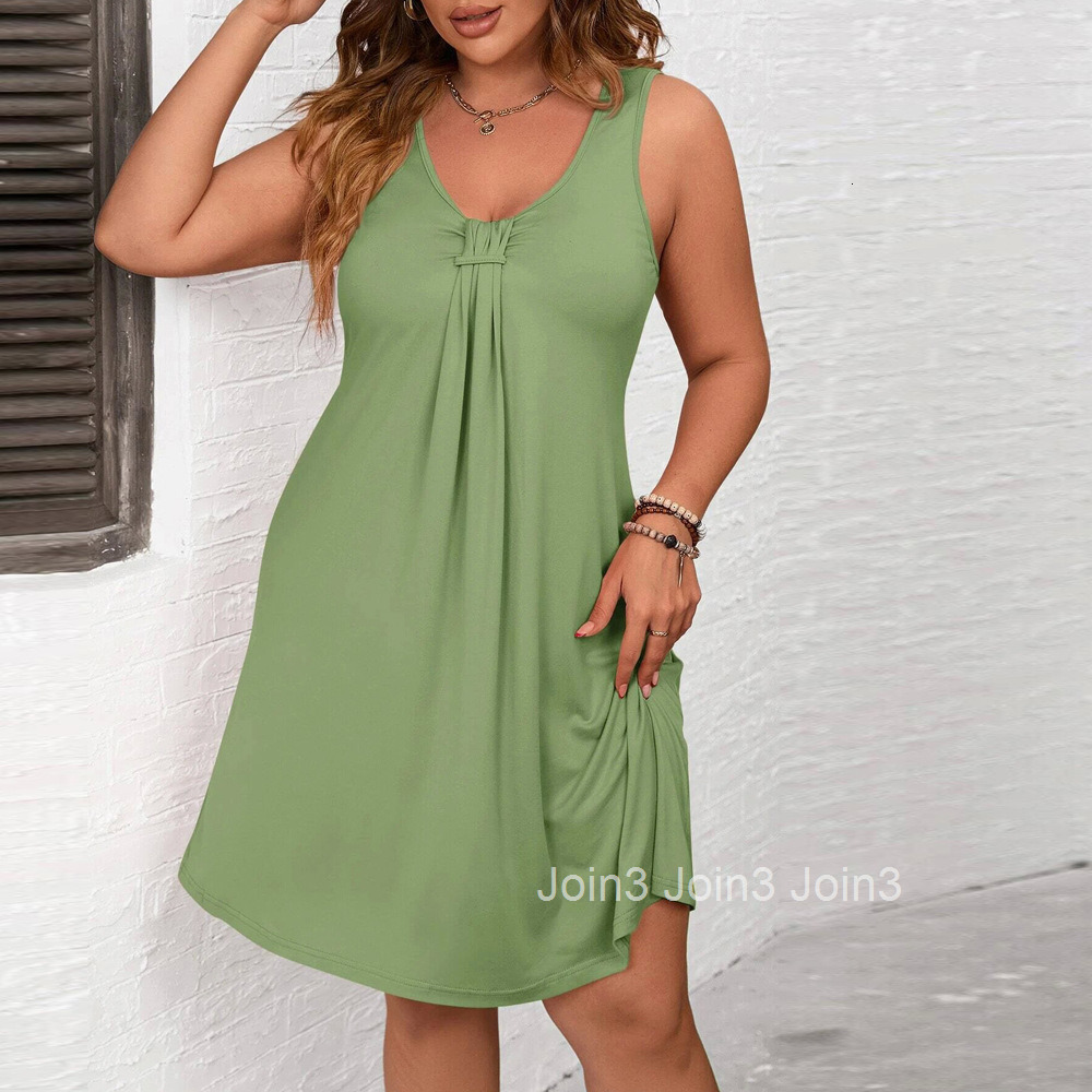 Large Size Womens Waist Cinched Comfortable Casual V-neck Sleeveless Dress