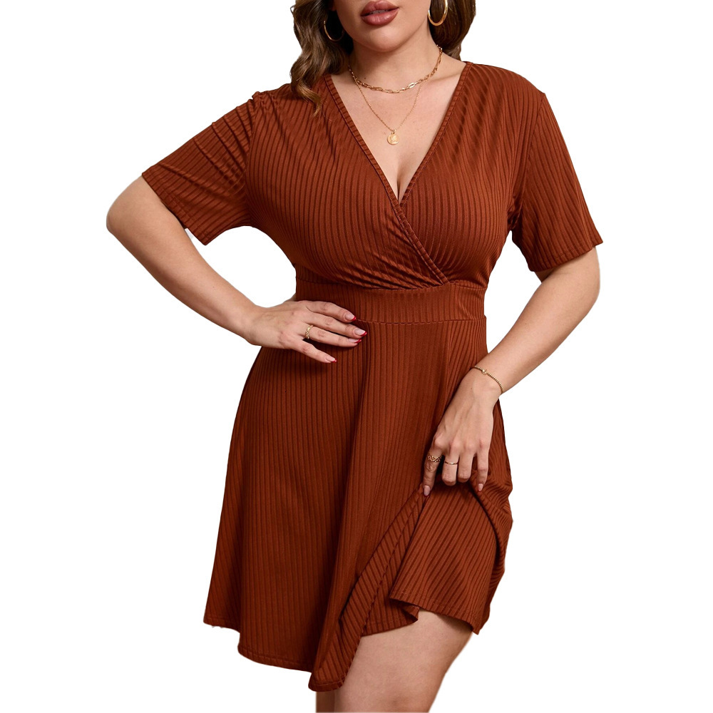 Large Size Womens New Deep v Waist Cinched Short Sleeved Casual Solid Color Knitted Dress