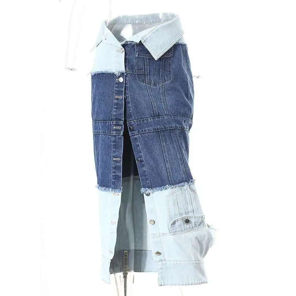 High Waist Blue Denim Fold Color-block Burr Casual Half-body Skirt Women Fashion Tide New Spring Autumn 7AB6481