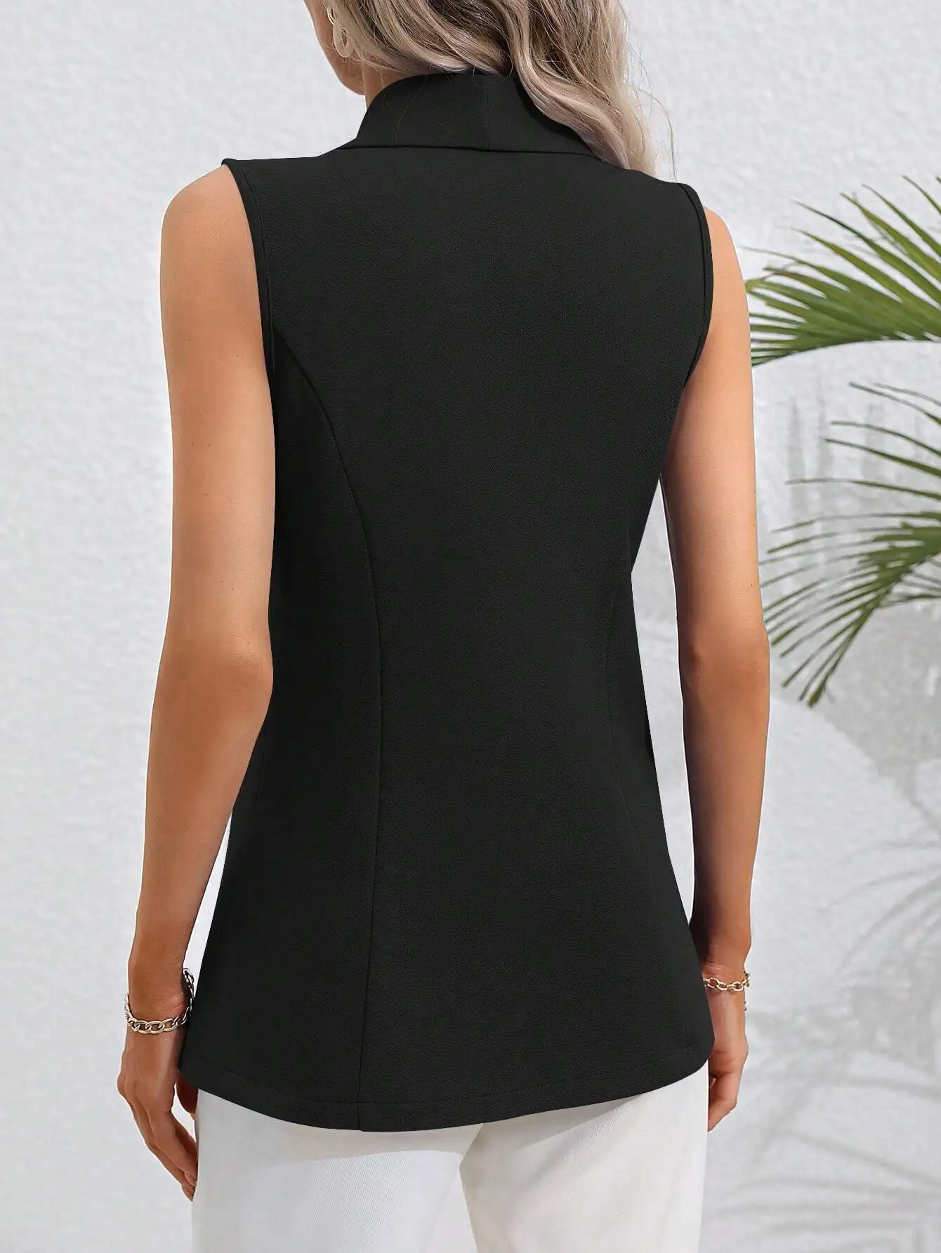 Spring and Autumn Solid Color Cardigan Single Button Jacket Sleeveless Round Neck Women Suitable for Daily Wear 250506