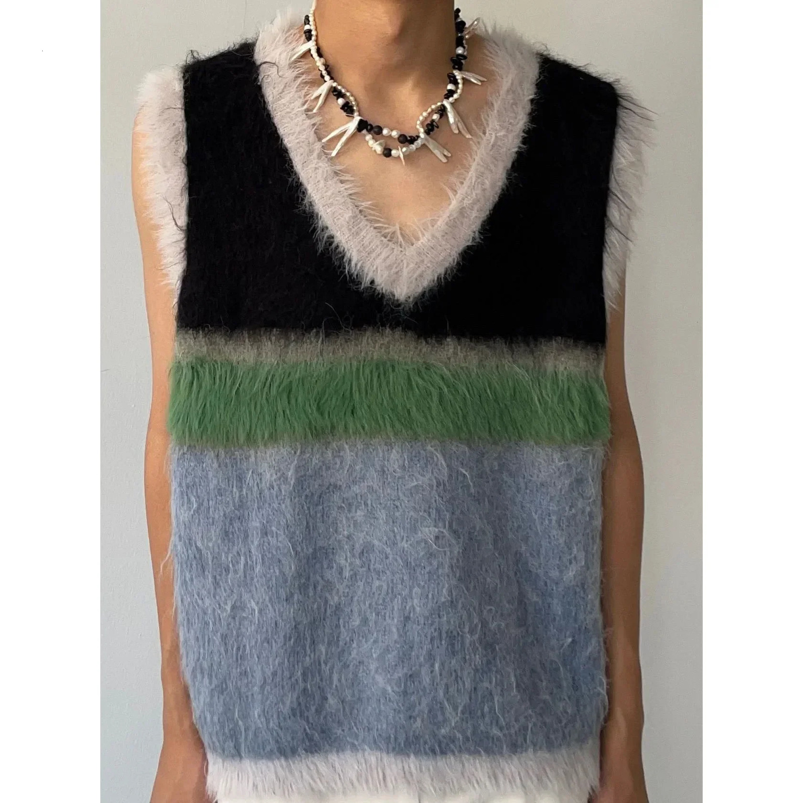 Womens colorful block retro Vneck sweater vest autumn and winter Korean fashion knitted niche n patchwork loose top 250506