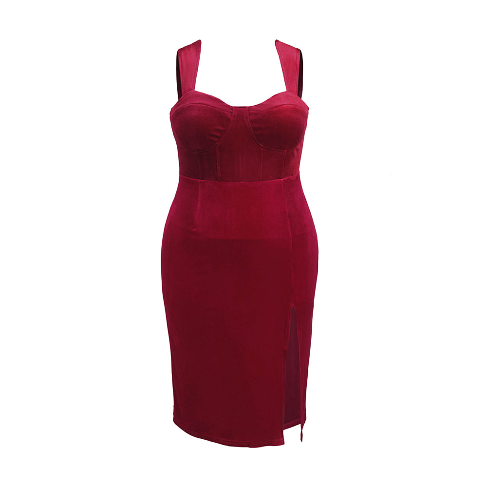 Large Size Womens Autumn and Winter Slim Fit Slit Hip Hugging Temperament Solid Color Velvet Suspender Dress
