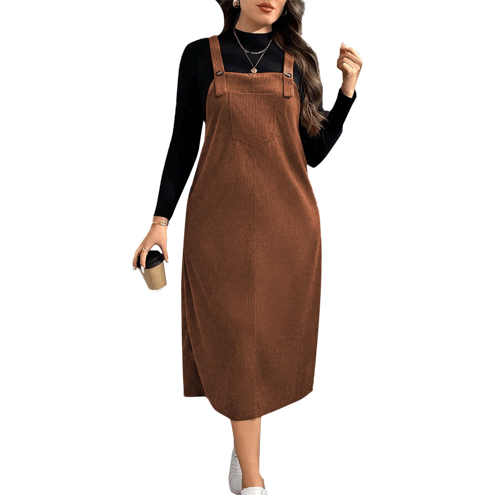 Plus Size Womens Lazy Style Shoulder Strap Skirt Autumn and Winter Loose Straight Waist Mid Length Dress