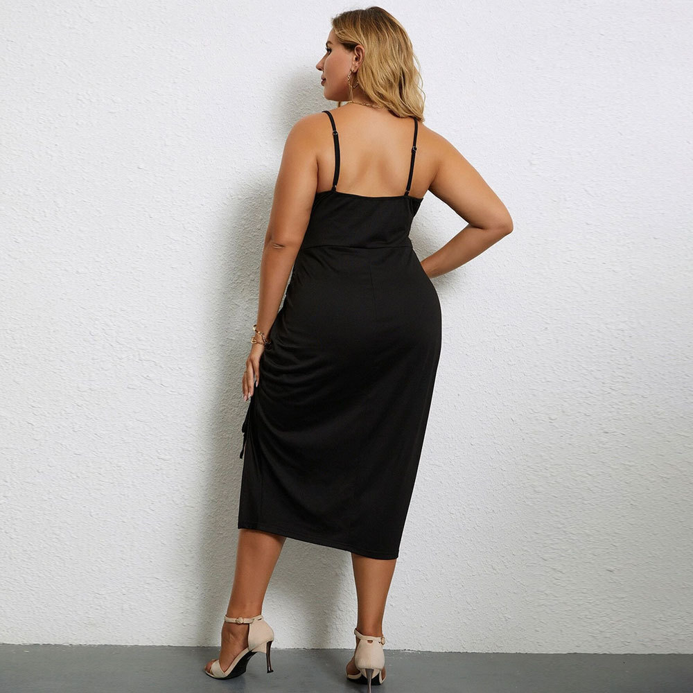 Oversized Womens V-neck Waist Cinching Slim Fit Slit Hip Hugging Sexy Suspender Dress with Elegant Temperament